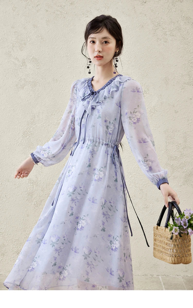 MISHOW Print Spring Summer Dress for Women New 2025 Ruffled V-neck Long Sleeve Blue French Dresses Female Fashion MXE15L2139
