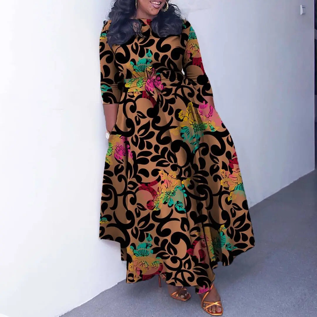 Women's 2024 Autumn New Style Fashionable Elegant Temperament Fashionable Printed Strap Waist Large Skirt Large Size Dress
