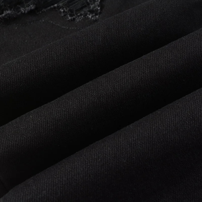 Men's Distressed Black Classical Leather Ribs Patchwork Holes Stretch Slim Fit Streetwear Designer Ripped Jeans