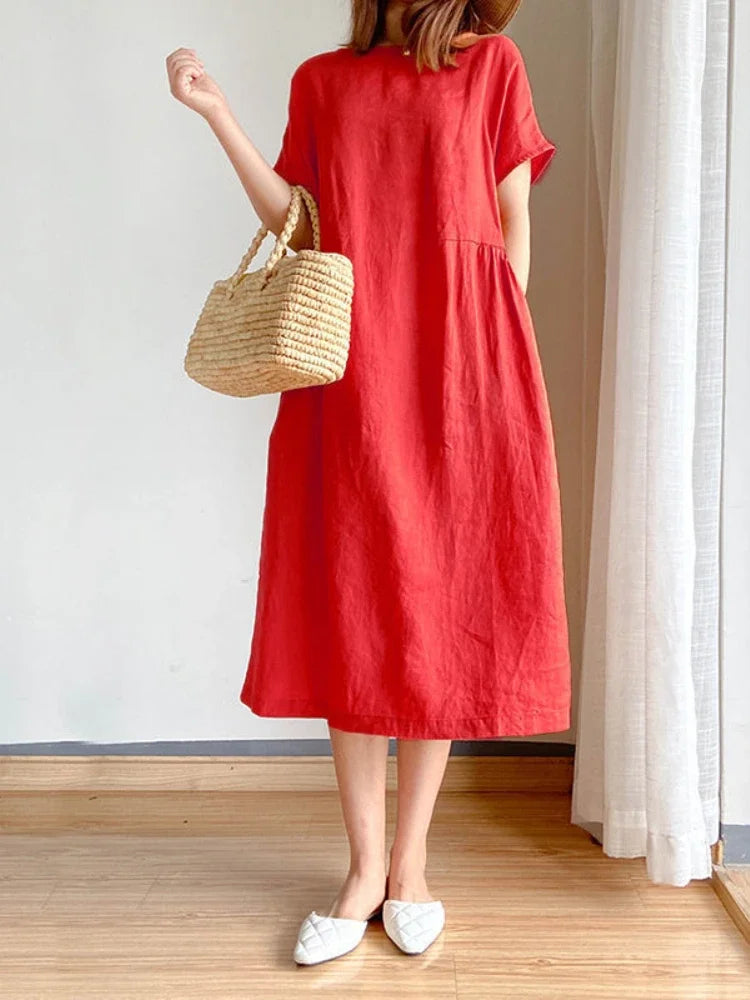 New in Spring Summer Women's Dress Elegant Casual Loose Short Sleeve Tops A-LINE Oversize Solid Midi Dresses for Women Clothing