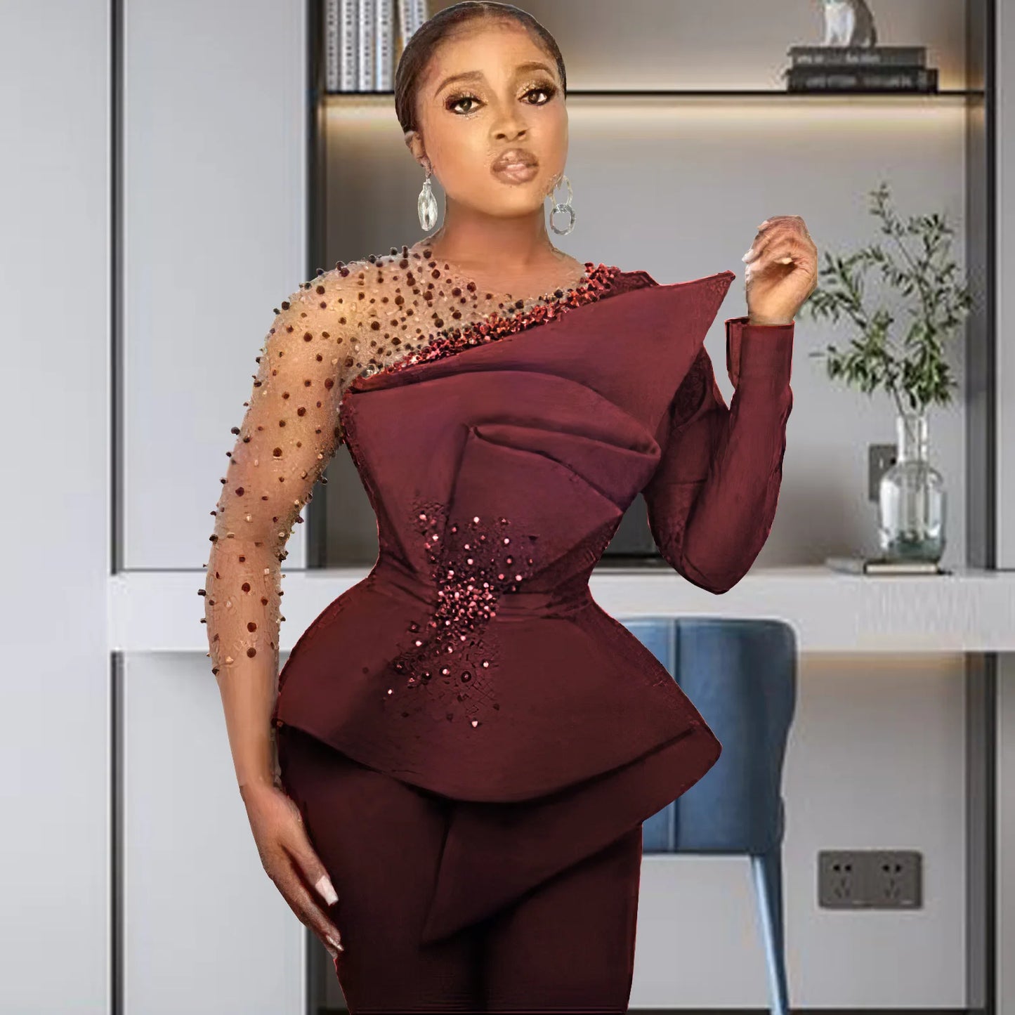 CM.YAYA Vintage Women Beading Mesh Patchwork Ruffles Fan-shaped Blazer Tops and Pants Suit Two 2 Piece Set Outfits Tracksuit