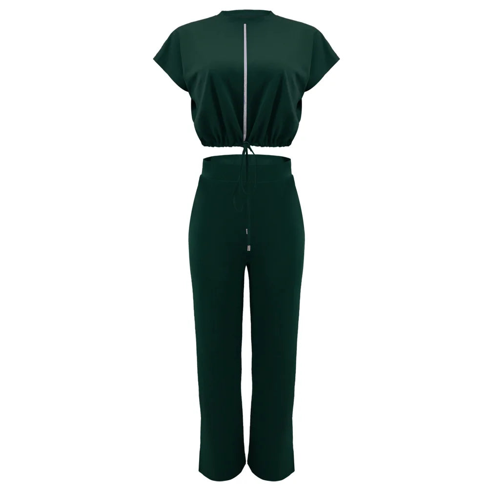Women Casual Round Neck Drawstring Short Sleeve Top & High Waist Pants Set Summer Solid Two Piece Suit Sets Outfits Set Female