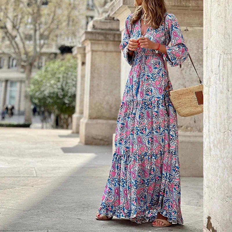 Elegant Women's Flower Long Dresses 2024 Spring New Bohemian Printed Dress Abıye Kadın Abiye Платье Robe Ete Femme Vestidos