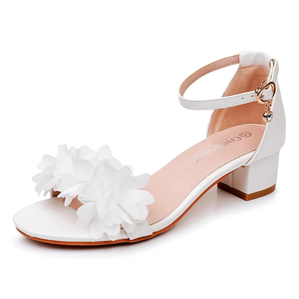 Flower Band Bridesmaide Shoes Woman Wedding High Heels Sandals Ankle Strap Wedges Cover Heeled Tacones Ladies Office Dress Pumps