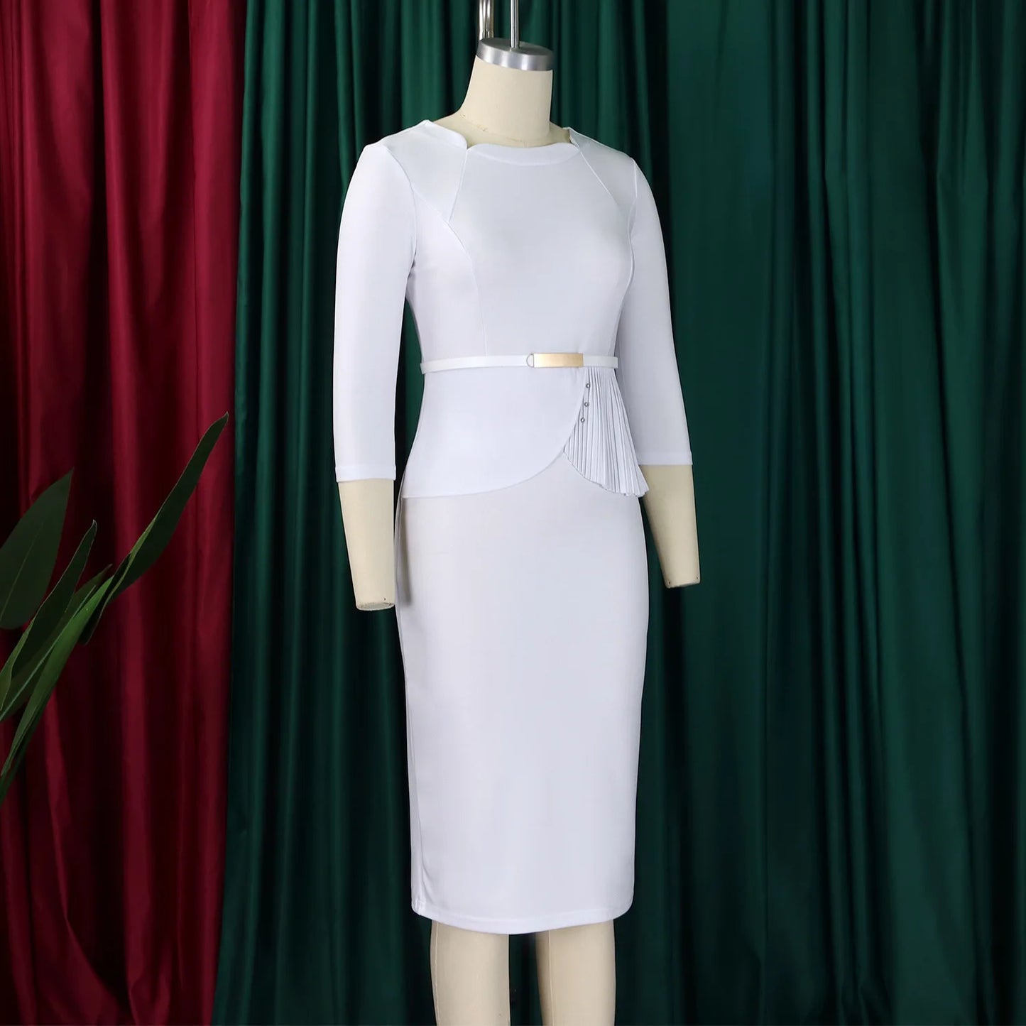 L-3XL Plus Size Elegant Midi Dress 2025 Spring Summer Women Office Lady Dress Casual 3/4 Sleeve Bandage Robe Oversize Dress