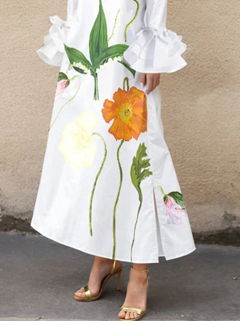 Womens Flower Printed Shirts Dress Elengant 2025 Fall Summer Spring Party Prom Wedding White Dresses Clothing for Woman