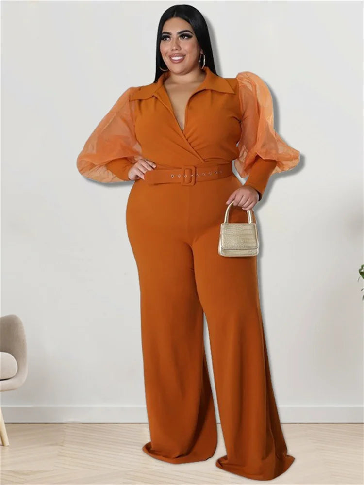 Wmstar Jumpsuit Plus Size Women Clothes V Neck with Belt Single Mesh Sleeve Elegant Bodysuit Office Lady