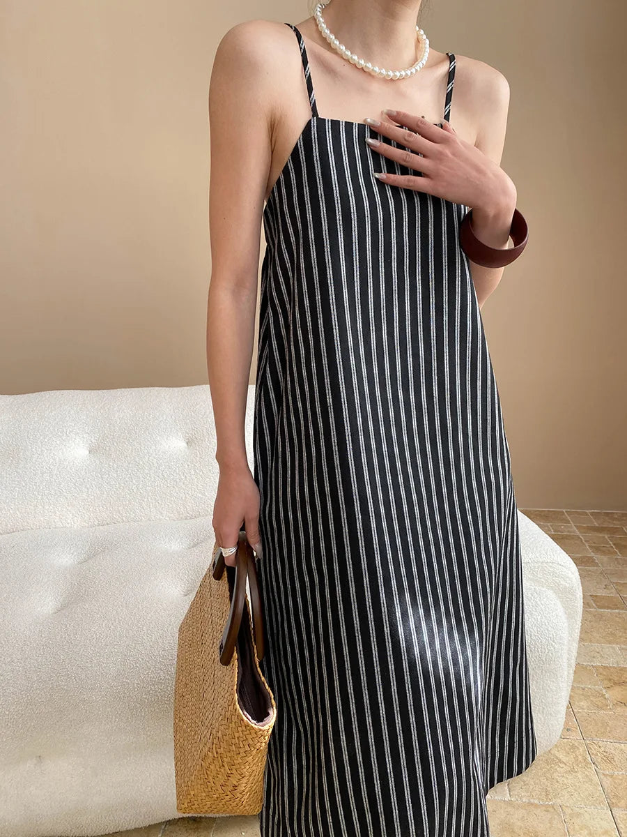 Spring and summer women's casual striped loose suspender dress