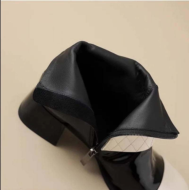 FHC Mixed Colors Ankle Boots,Women's Short Botas,Autumn/Winter Shoes Booties,Square Toe,Pearls,Side Zip,Black,White,Dropship