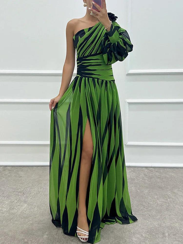 Spring Summer One Off Shoulder Fashion Party Dress, Women Printing Skew Collar Slim Maxi Dress, Long Sleeve Elegant Ladies Dress