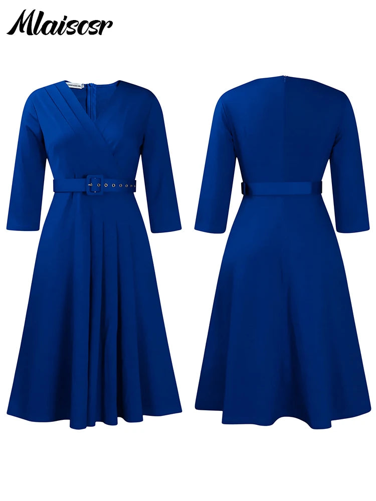 Mlaiscsr Evening Gowns Dresses with Belt Women Clothing V Neck 3/4 Sleeves A Line Pleataed Dress Occasion Elegant Office Outfits