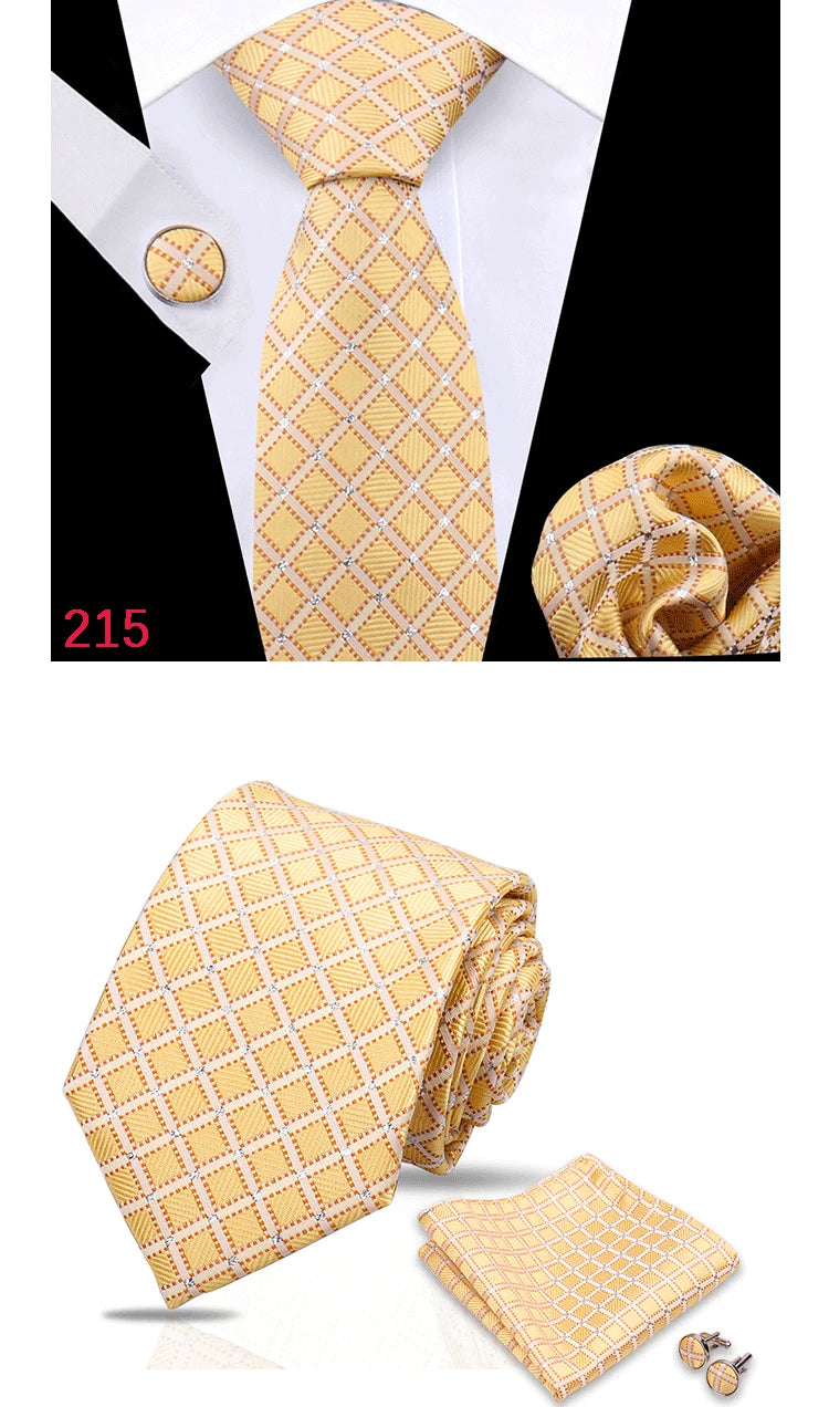 Luxury Plaid Tie For Mens Necktie Handkerchief Pocket Square Cufflinks Set Jacquard Woven Ties Wedding Business Accessories