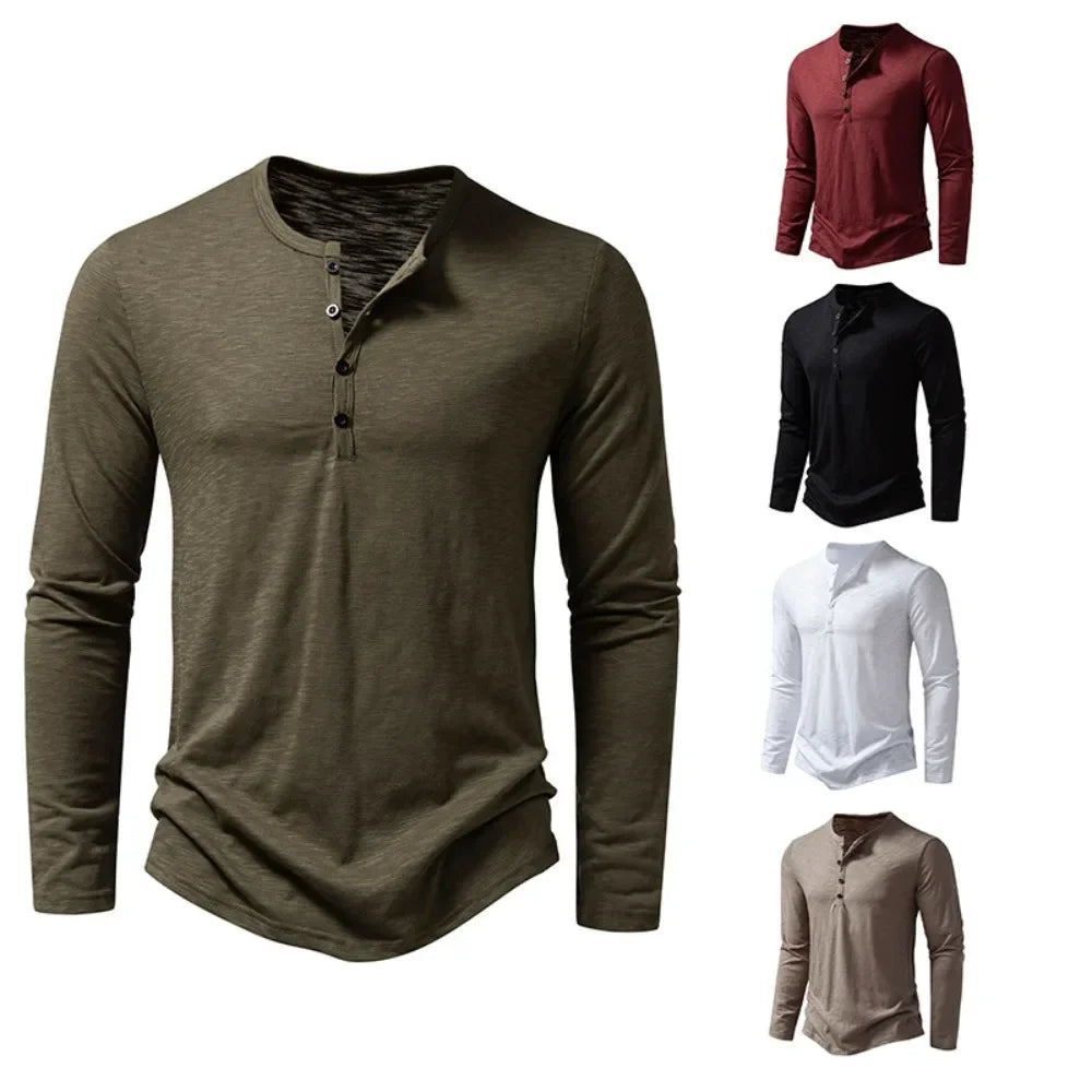 Autumn New Men's Cotton Button Long Sleeve Henley Neck T-Shirt Casual Solid Color Breathable Versatile Fashion Slim T-Shirts