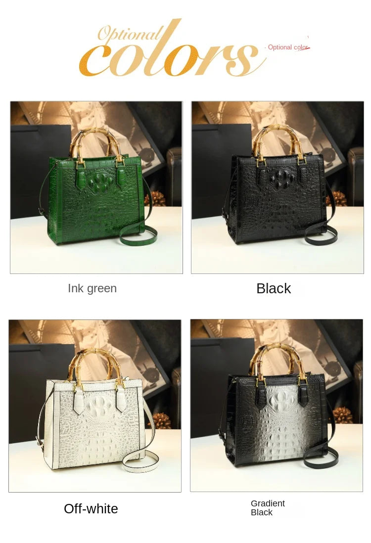 Crocodile Pattern Leather Women's Handbags Bamboo Handle Portable Tote Bag Mom Tide Shoulder Messenger Bags 2025 New Fashion