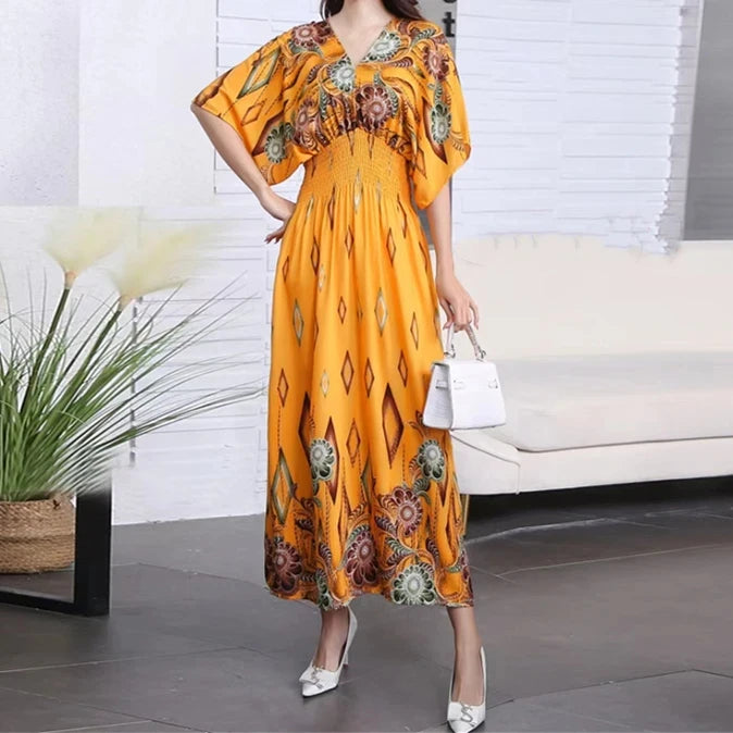 Spring New In Women's Dress V-Neck Short Sleeve Dress Elegant Sweet Print Dress Casual Retro Boho Elastic Waist A-Line Dress