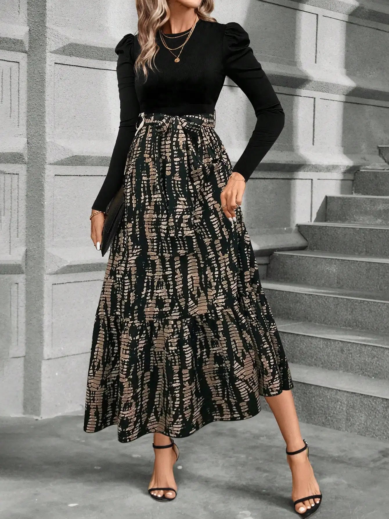 Spring and summer color combination high-waisted flower print dress woman elegant