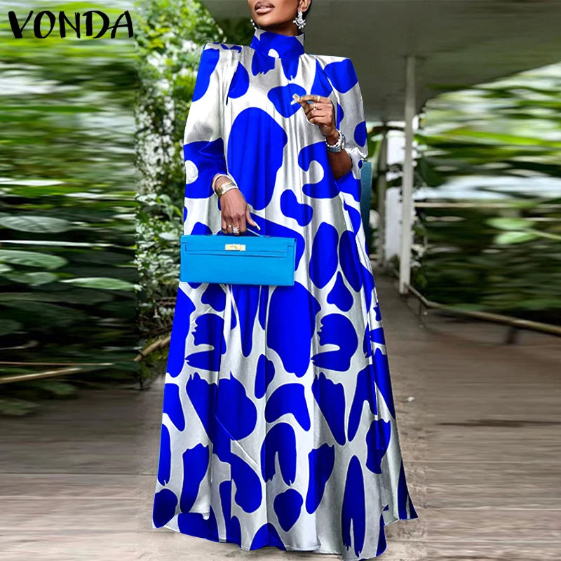 VONDA Women Elegant Printing Maxi Long Dress 2024 Casual Stand Collar Robes Bohemian Bat-wing Sleeve Party Vestidos Oversized