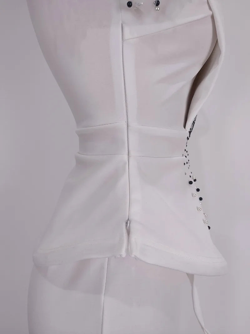 CM.YAYA Vintage Women Beading Mesh Patchwork Ruffles Fan-shaped Blazer Tops and Pants Suit Two 2 Piece Set Outfits Tracksuit
