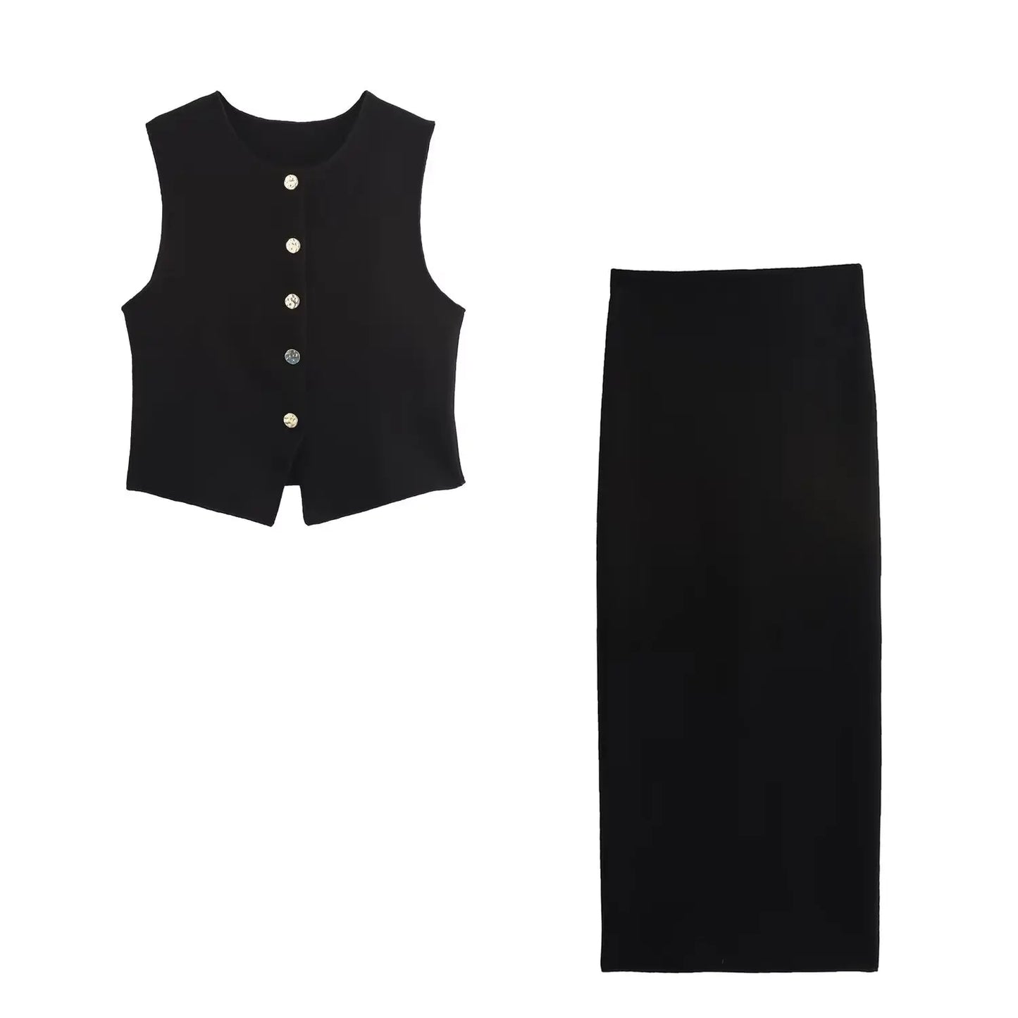 TRAFZA Women 2 Piece Set Solid O-Neck Sleeveless Single Breasted Knitted Vest Top+Elastic Waist Slit Hem Design Slim Midi Skirt