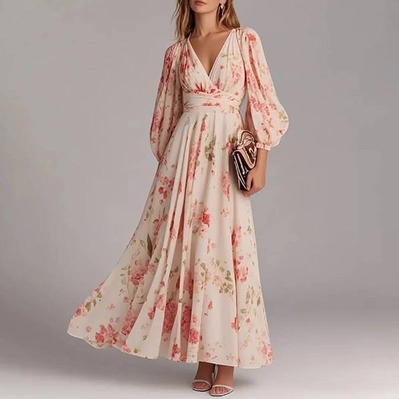 Spring Women V Nec Floral Print Long Sleeve Party Dress Ladies Commute A-Line Pullover Pleated Dress Vestidos Bohemian Dress 202
