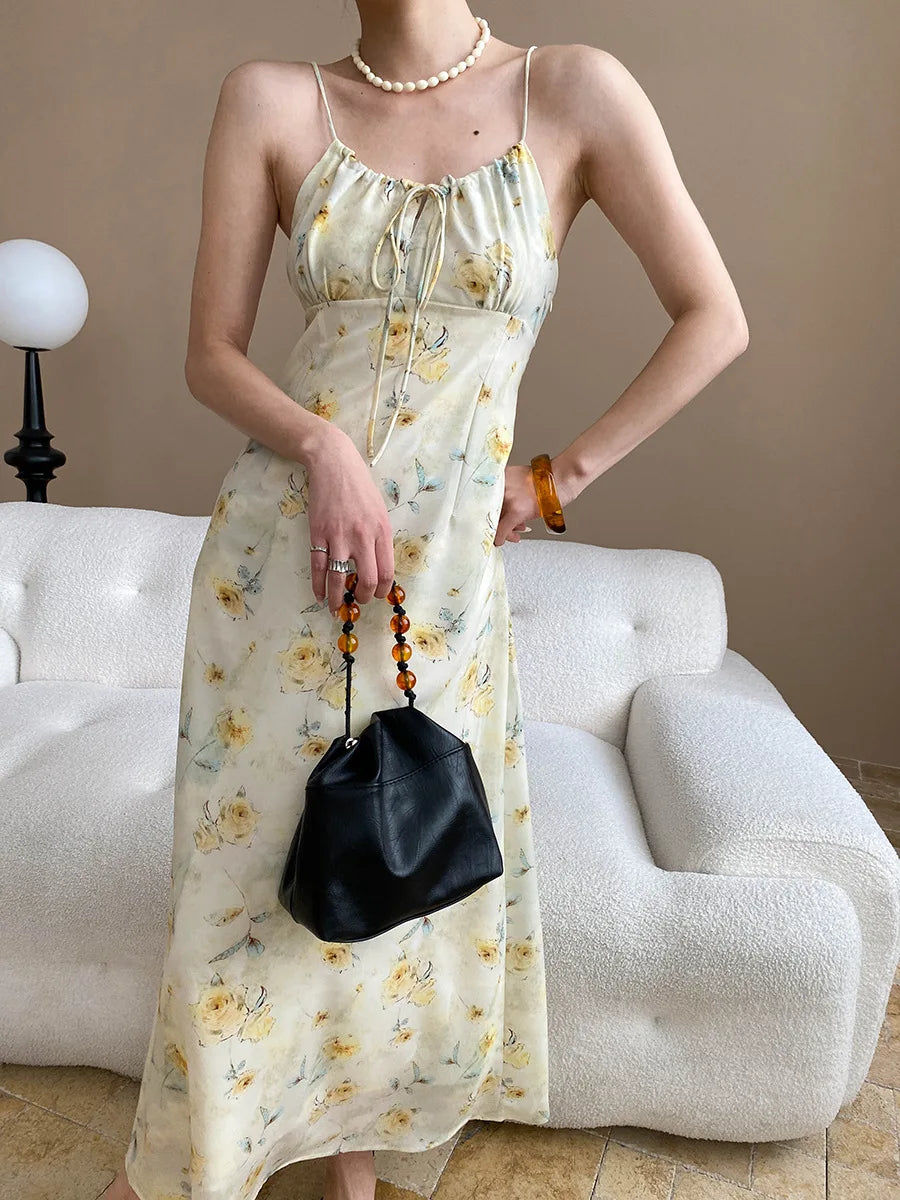 Spring and summer women's casual flower print slim fit suspender dress