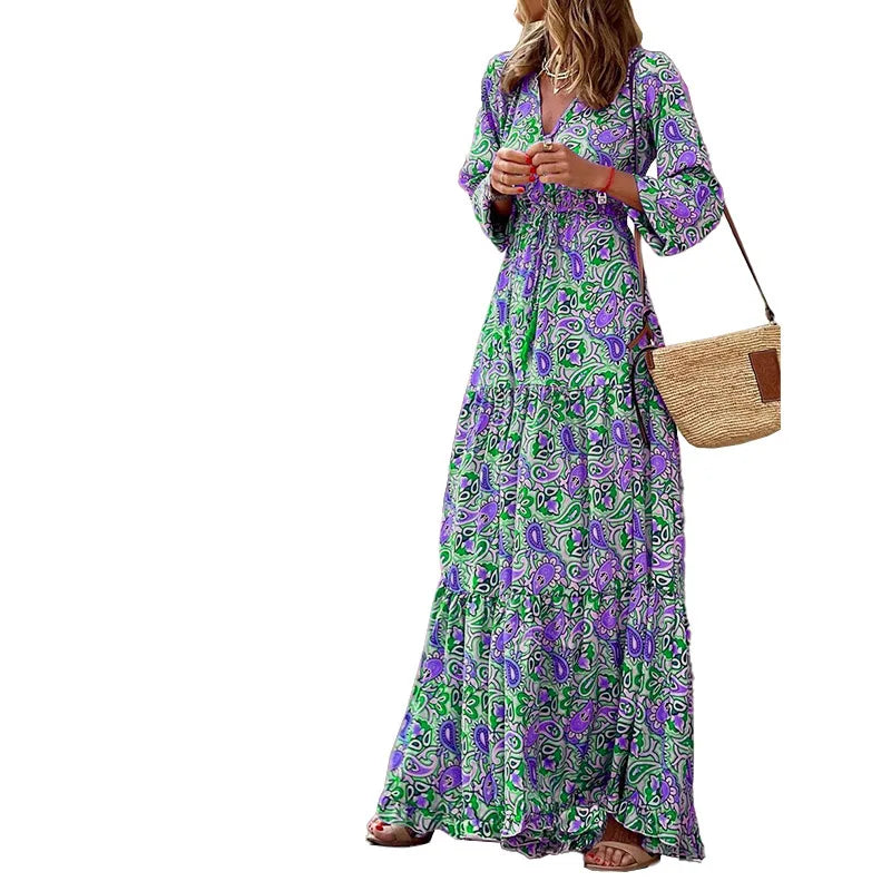 Elegant Women's Flower Long Dresses 2024 Spring New Bohemian Printed Dress Abıye Kadın Abiye Платье Robe Ete Femme Vestidos