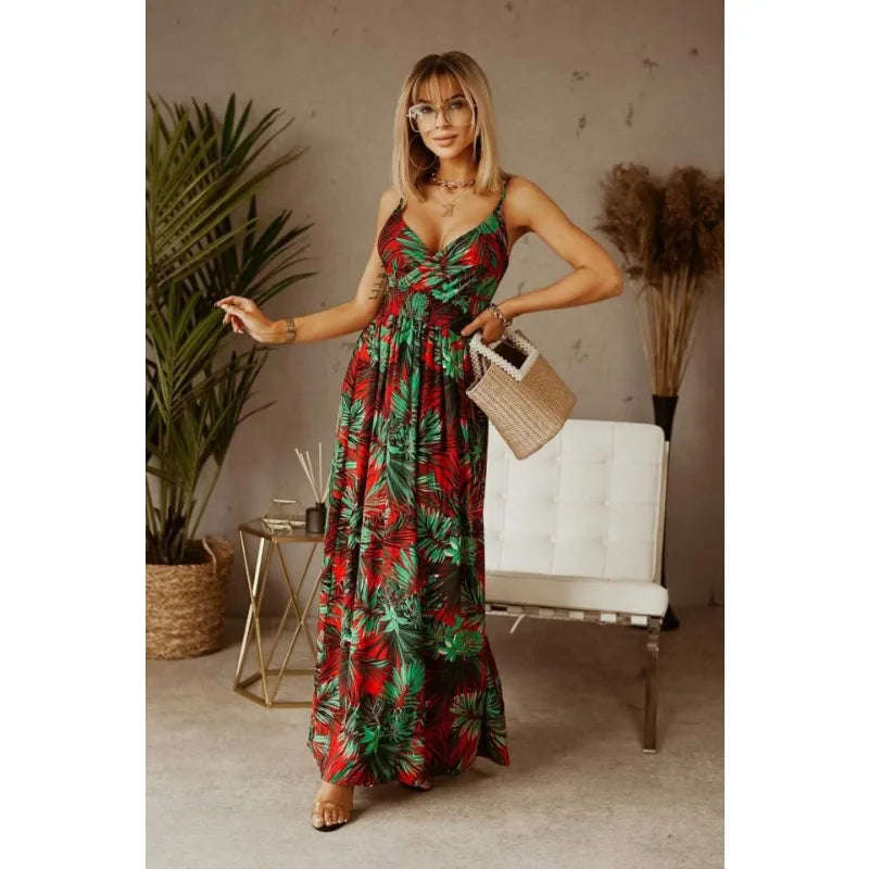 Spring Summer Elegant Women Corset Bohemian Dress Sexy New 2024 Fashion Strap V Neck High Waist Print Long Vacation Dress