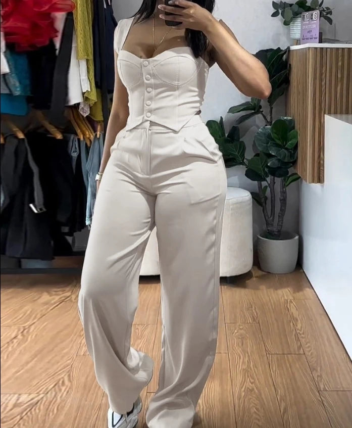 Women's Sexy Suits 2025 Spring Summer Latest 2 Piece Thick Strap Button Front Slim Fit Tank Top High Waist Wide Leg Pants Set