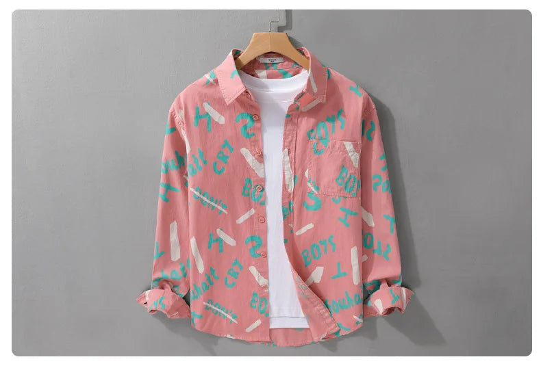 Spring Autumn Men's Clothing Design Sense Simple Long Sleeve Letter Printed Shirt Trendy Casual Fashion Versatile Men's Blouse