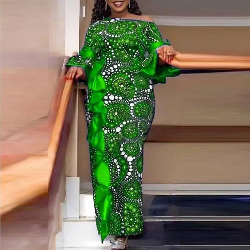 Plus Size 5XL VONDA Women One Off Sholuder Maxi Dress Bohemian Ruffled Printed Vestidos 2024 Fashion Casual Floor-Length Robe