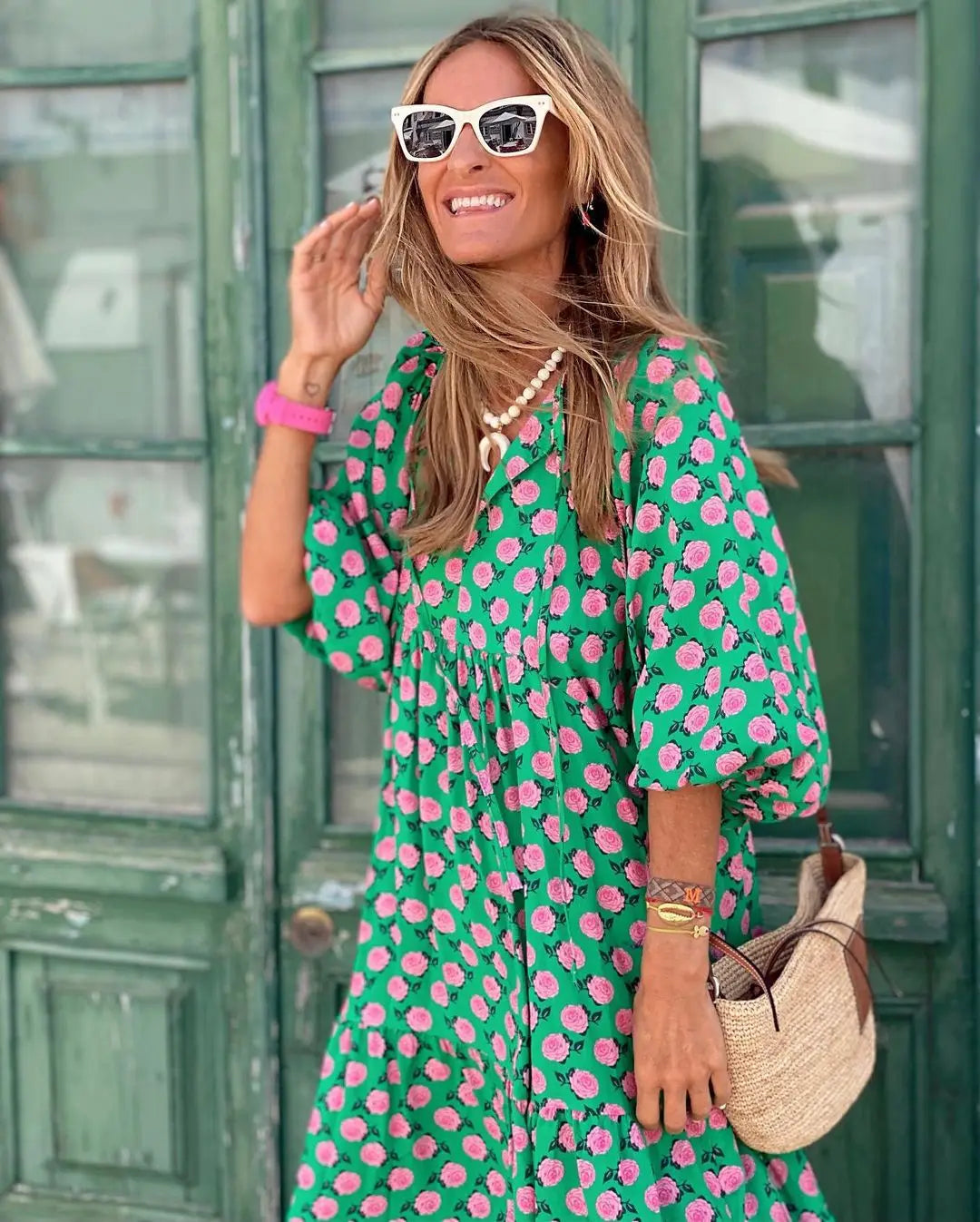 Spring Summer Loose Maxi Dresses Bohemian Floral Print Puff Sleeve V-Neck 2025 New Beach Dress Bodycon Casual Boho Vestidos Robe