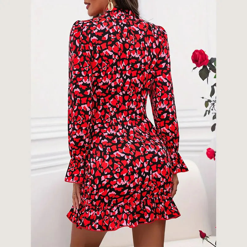 Spring And Autumn Women's Fashionable Red Mini Dress With Elegant Printed Pleated Long Sleeved Stand Up Collar Ruffle Edge Dress