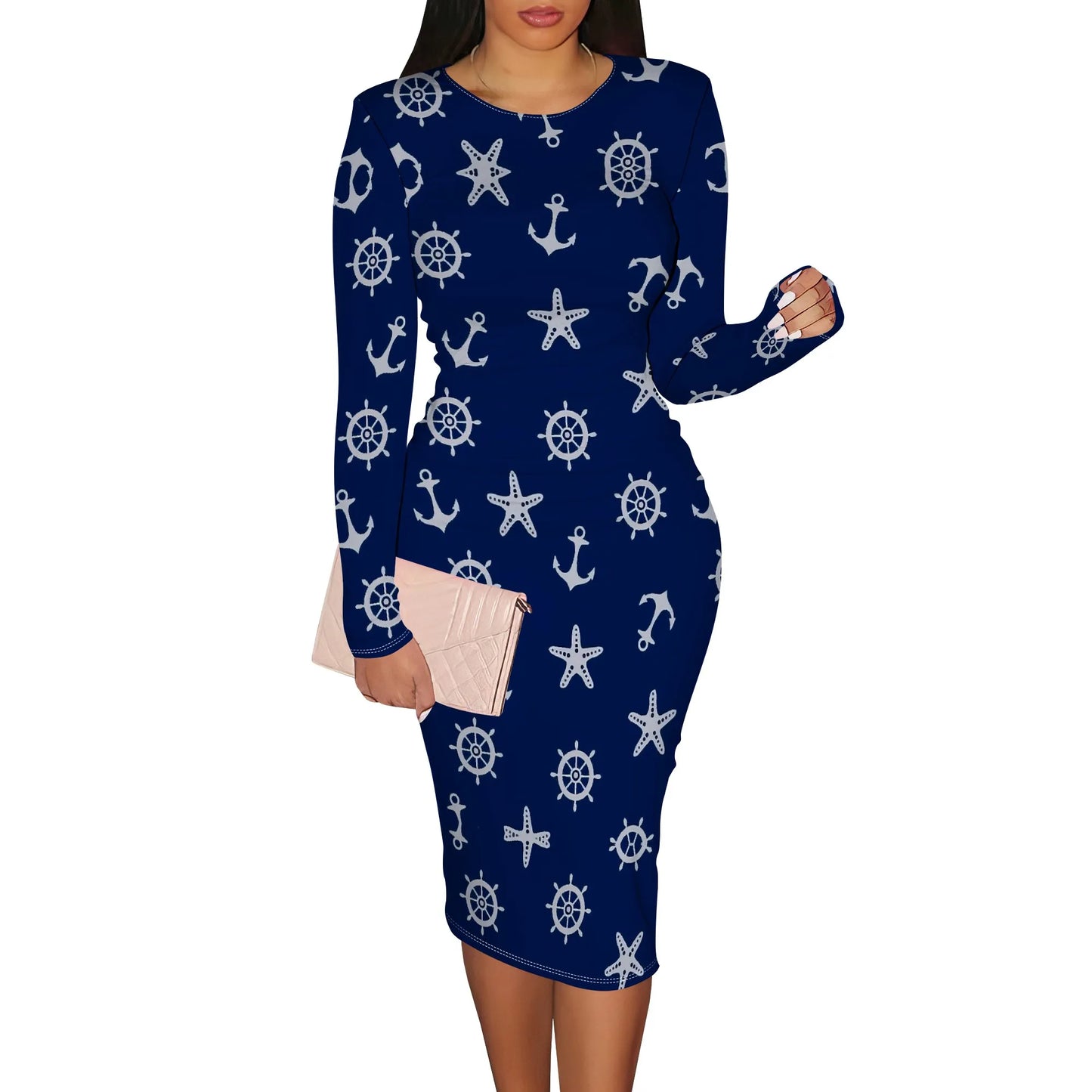 Women's Spring Casual Dress Sexy Slim Pleated Long Sleeve Crew Neck Midi Dress Fashion Out Party Pencil Skirt