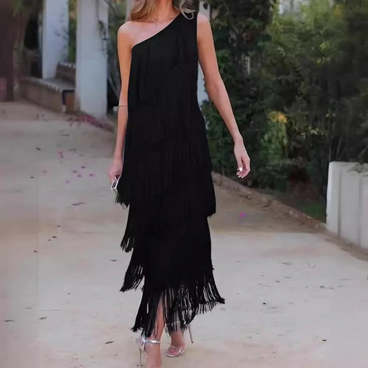 Spring and Summer New Fashion Fringed Slanted Shoulder Asymmetrical Dress for Women