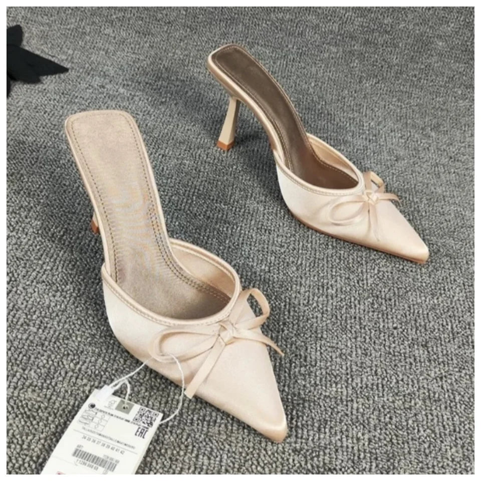 Bow High Heels Slippers Women Pointed Toe Mules Shoes Sexy 2025 Summer Dress Party Stilettos Sandals Woman Slides Trend Pumps