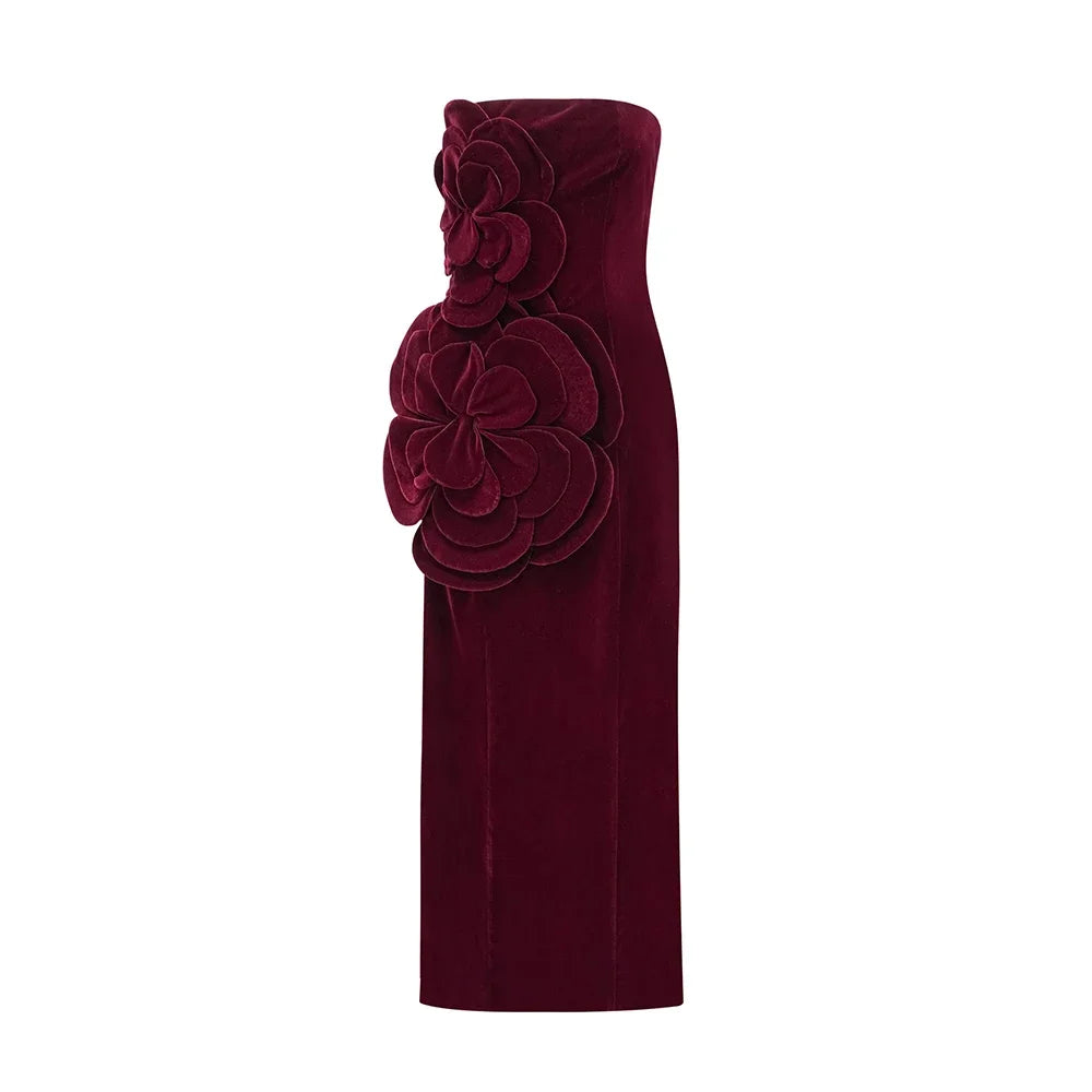 Solid Slimming Fashion Dresses for Women Strapless Sleeveless Patchwork 3D Flower Elegant Dress Female Clothing New