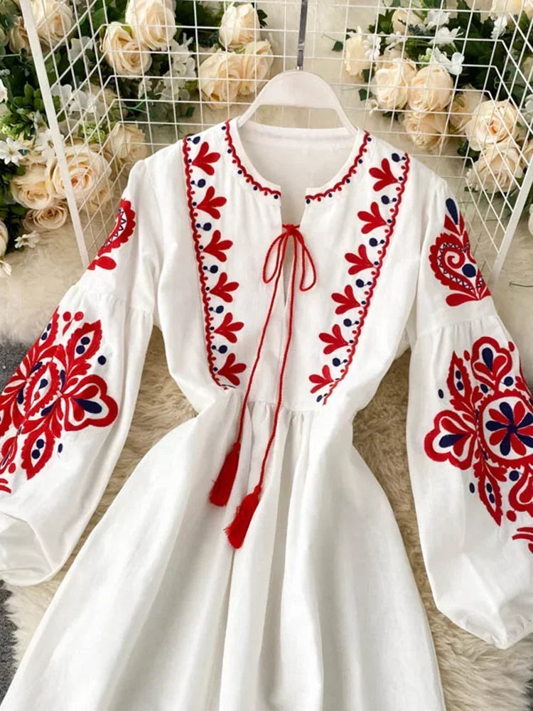 Spring Autumn Women Dresses Bohemian Embroidered Flower O-Neck Lantern Sleeve High Waist Dress All-match Female Vestidos PL393
