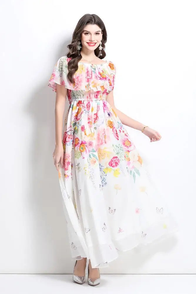 Summer French Floral Chiffon Dress Women Off Shoulder Slim High Quality Sheer Elastic Spring Vacation Print Ruffles Long Dresses