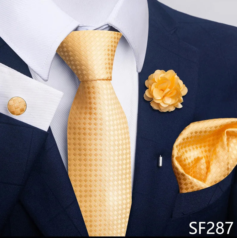 Luxury Mens Ties Floral Black Gold Ties Paisley NeckTie Pocket Square Cufflinks Brooch Set Men's Wedding Party Tie