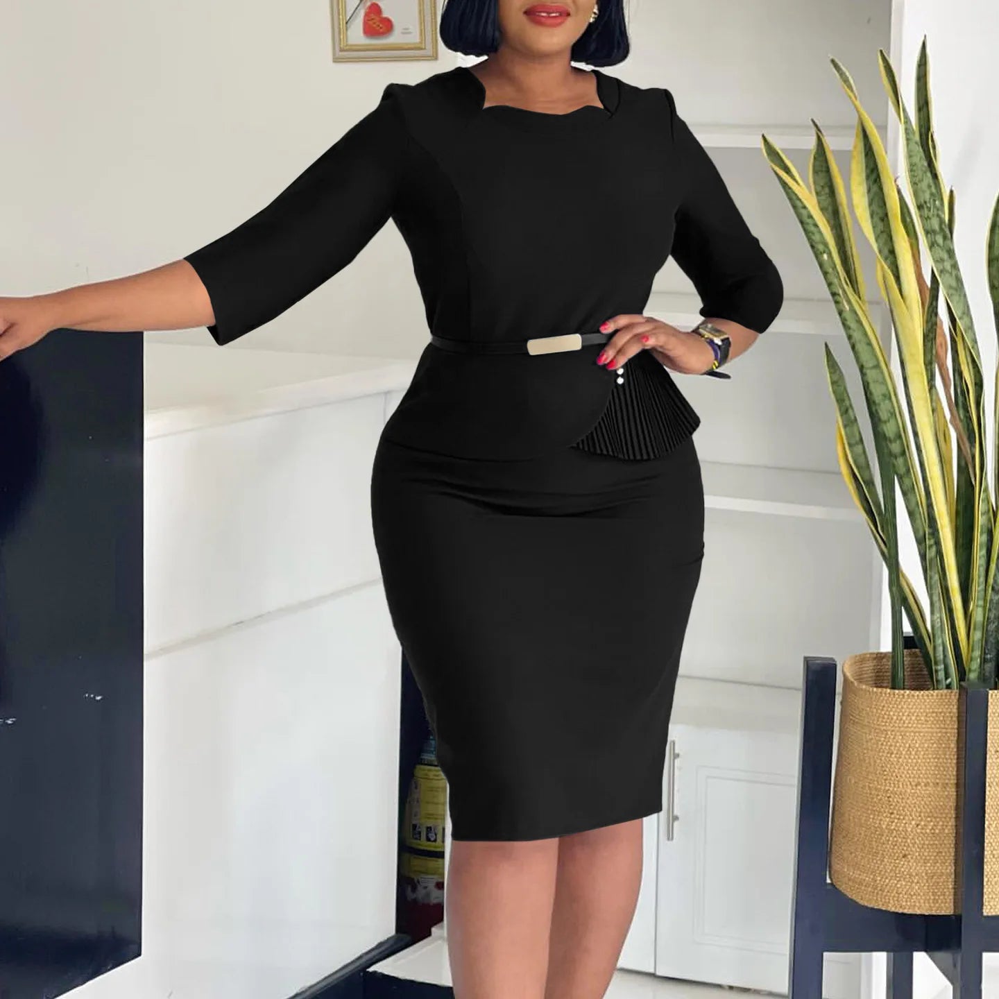 L-3XL Plus Size Elegant Midi Dress 2025 Spring Summer Women Office Lady Dress Casual 3/4 Sleeve Bandage Robe Oversize Dress