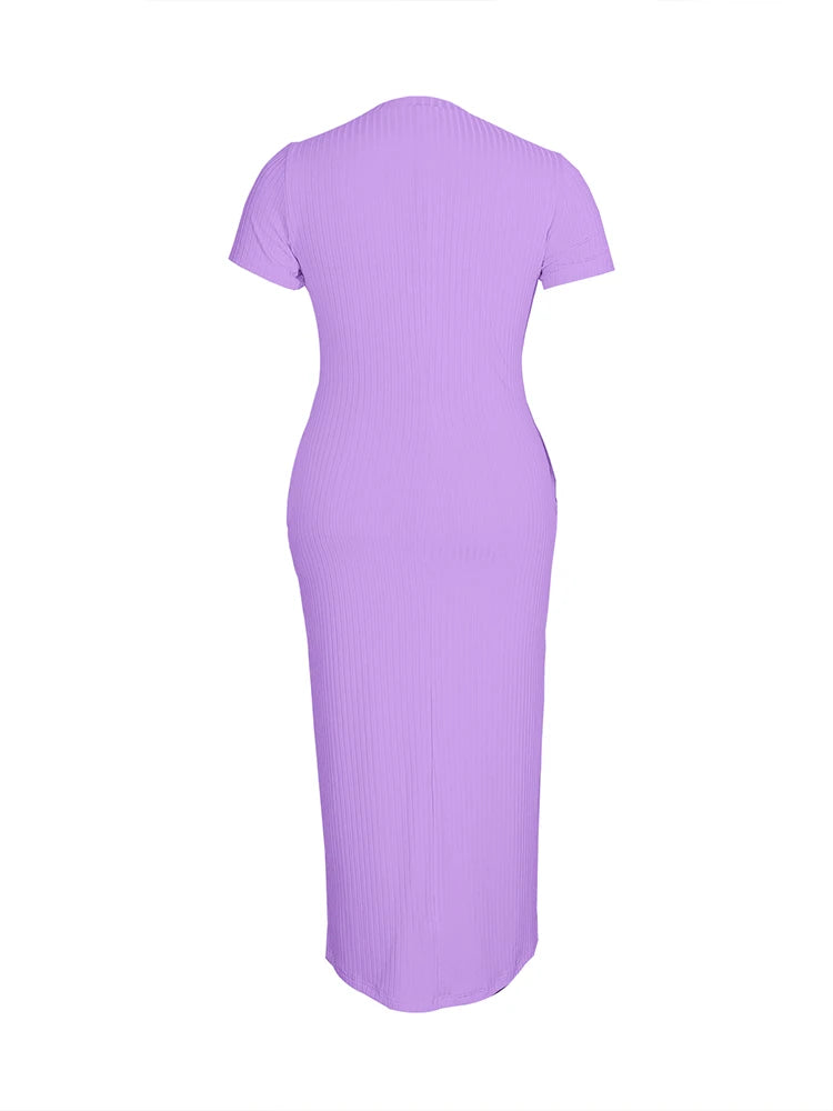 Plus Size 2024 Summer New Round Neck Short Sleeve Slim Hottie Ladies' Stylish Summer Solid Versatile Bodycon Dress