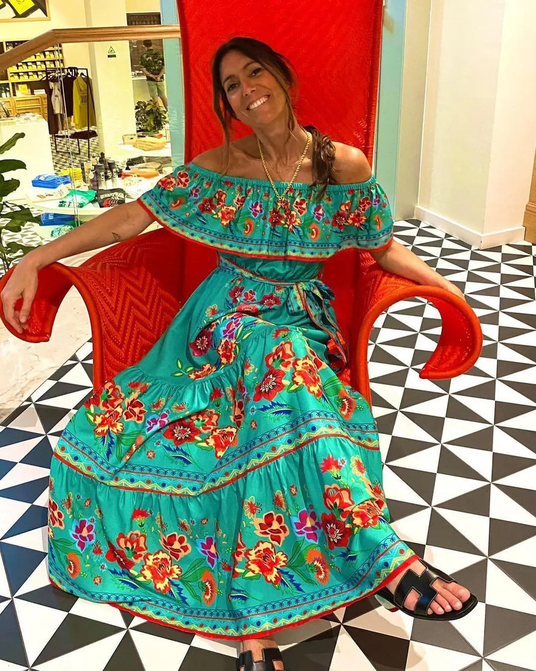 2024 Spring Summer Women's New Sexy One Shoulder Off Shoulder Fashion Red Flower Printed Lace Up Waist Long Swing Dress