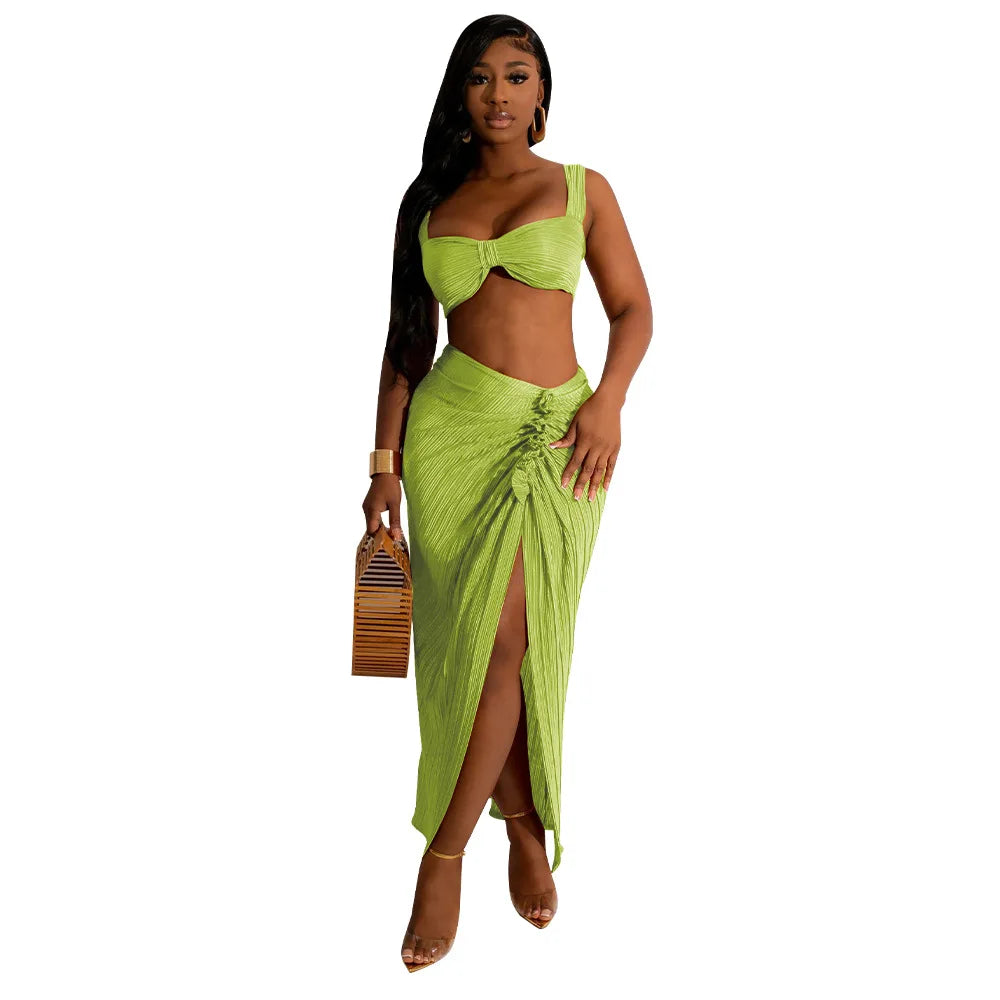 Summer Dresses for Women Two Pieces Set Sexy Backless Halter Top and High Waist Side Slit Pleated Skirt Matching Lady Streetwear