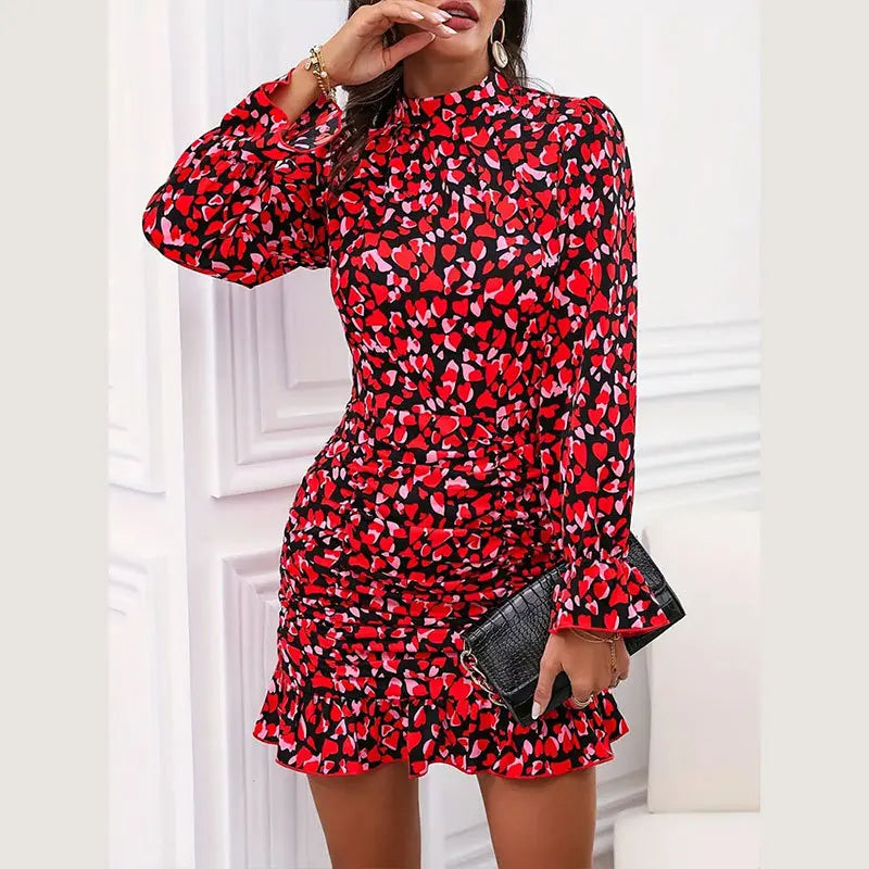 Spring And Autumn Women's Fashionable Red Mini Dress With Elegant Printed Pleated Long Sleeved Stand Up Collar Ruffle Edge Dress