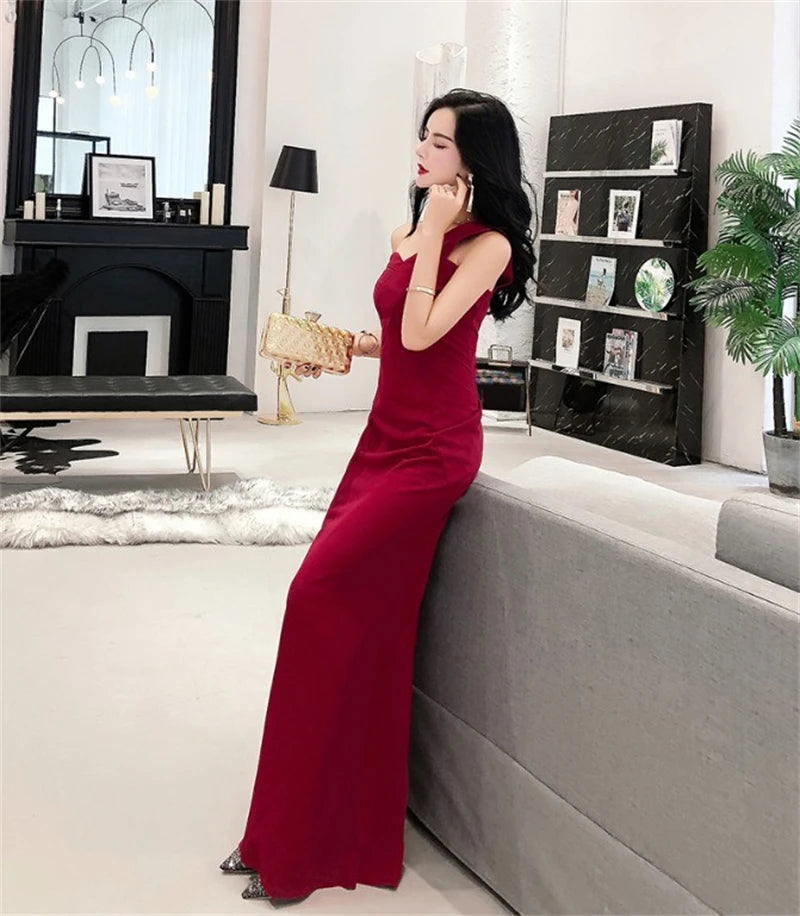 Spring Women Red Evening Party Dresses Short Sleeve V Neck Fit And Flare Long Maxi Summer Dress Lady Prom Gown Robe Longue Femme