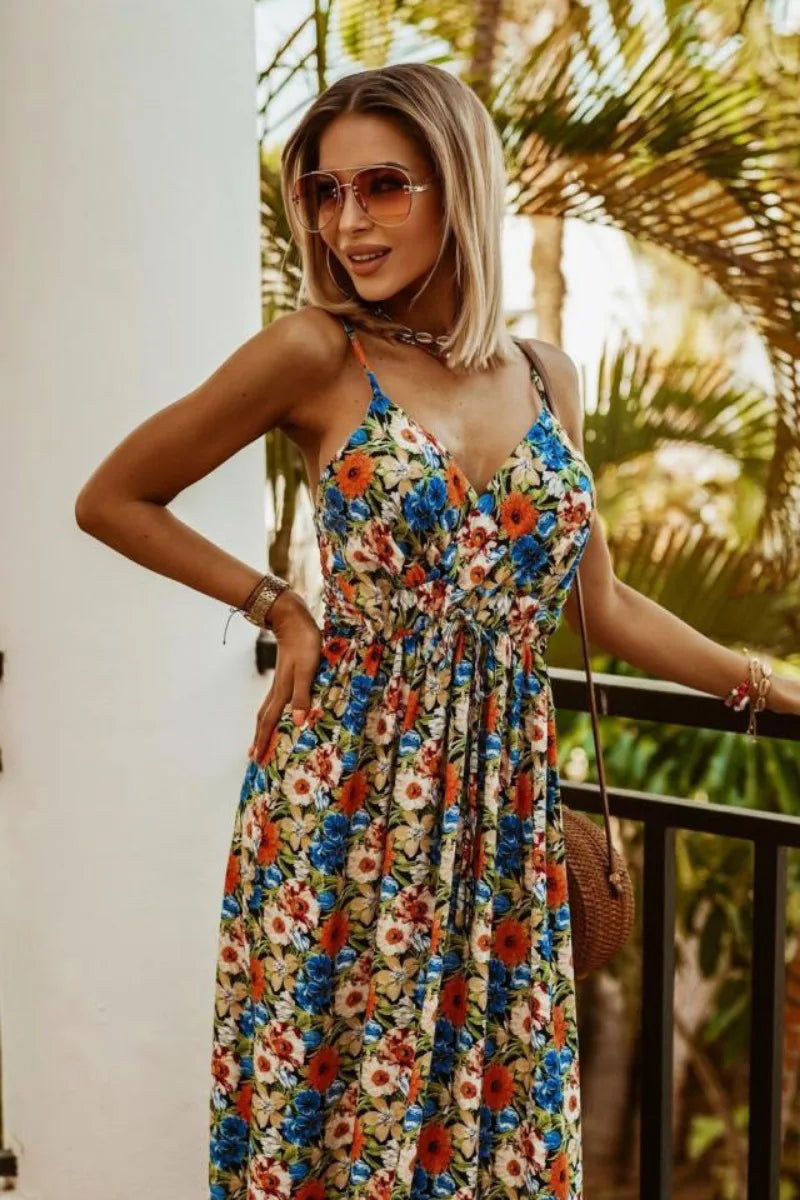 Spring Summer Elegant Women Corset Bohemian Dress Sexy New 2024 Fashion Strap V Neck High Waist Print Long Vacation Dress