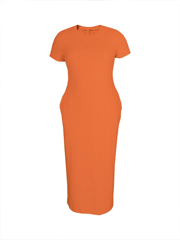 Plus Size 2024 Summer New Round Neck Short Sleeve Slim Hottie Ladies' Stylish Summer Solid Versatile Bodycon Dress