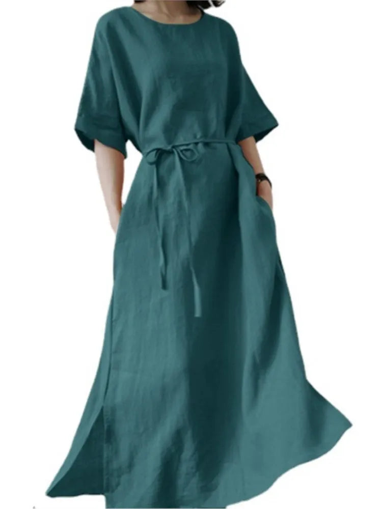 Spring Summer Women's Long Dresses Fashionable Split Hem Skirts Short Sleeves Casual Waistbands Cotton Linen Dresses For Women