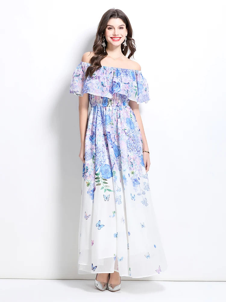 Summer French Floral Chiffon Dress Women Off Shoulder Slim High Quality Sheer Elastic Spring Vacation Print Ruffles Long Dresses