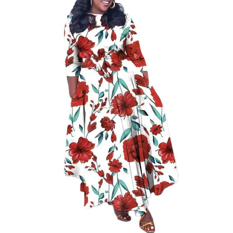 Women's 2024 Autumn New Style Fashionable Elegant Temperament Fashionable Printed Strap Waist Large Skirt Large Size Dress